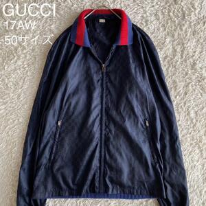 17AW/50 GUCCI グッチ ナイロンジャケット シェリーライン GG ジャガード ボックスロゴ スプリーム 総柄 ブルゾン 紺 ネイビー イタリア製