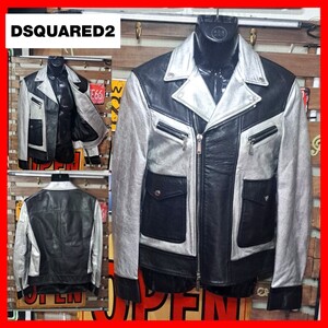 定価15万　Dsquared2　ディースクエアード　シルバー　メタリック　カウハイド　ダブルライダースジャケット　46