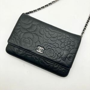 美品 CHANEL シャネル カメリア チェーンウォレット チェーンショルダーバッグ ラムスキン ココマーク エンボス マトラッセ ブラック