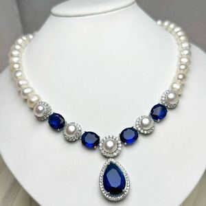 タンザナイト×本真珠ネックレス10mm 42cm jewelry 天然 パールネックレス