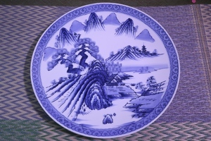 山水 図 染付 画 大皿 陶器 和食器 37cm