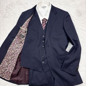 【極美品!!!至高のスリーピース!!!】PaulSmith LONDON ポールスミスロンドン セットアップ スーツ 裏地 花柄 総柄 ネイビー メンズ 2B