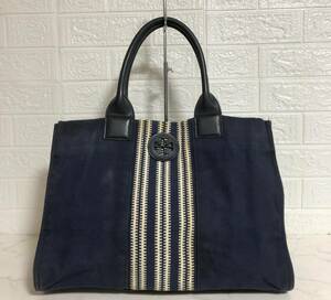 no23502 Tory Burch トリーバーチ 本革 レザー キャンバス 肩掛けショルダー トート バッグ ☆