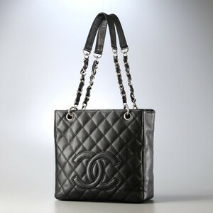 SMG2161*イタリア製《CHANEL シャネル》PSTトートバッグ キャビアスキン CC デカココマーク マトラッセ チェーンバッグ 11番台 ブラック