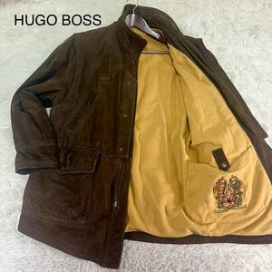 激レア 希少XL位！！ HUGO BOSS ヒューゴボス 本革 レザージャケット ヌメ革 刺繍ロゴ ワッペン 立ち襟 スタンドカラー 茶色 ブラウン LL