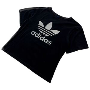 adidas ☆ 風合い◎ トレフォイル ロゴ プリント ブラック Tシャツ 半袖 M相当 春夏 スポーツ ストリート 古着 オールド アディダス■BG224