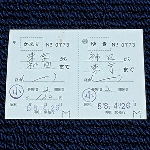 東北本線　神田駅発行　○南 記補往復乗車券　神田から東京まで　日本国有鉄道（みどりの窓口営業終了）