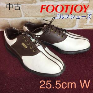 【売り切り!送料無料!】A-356 FOOTJOY!ゴルフシューズ!25.5cm/ホワイト!ブラウン!ゴルフ!練習!初心者!スパイクシューズ!中古!