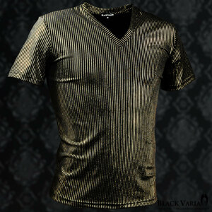 9#193213-gobk ブラックバリア ピンストライプ ラメ ストレッチ スリム 半袖 Vネック Tシャツ メンズ(黒・ライン金) LL ステージ衣装 イン