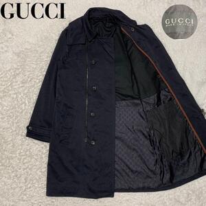 【未使用級・超レア】グッチ GUCCI ナイロン ロングコート シェリーライン GG柄 総柄 ネイビー 紺色 メンズ ビジネス フォーマル