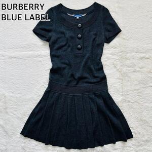 BURBERRY BLUE LABEL　バーバリーブルーレーベル ニット　ウール　ワンピース プリーツスカート 半袖　ノバチェック　ダークグレー 38 M