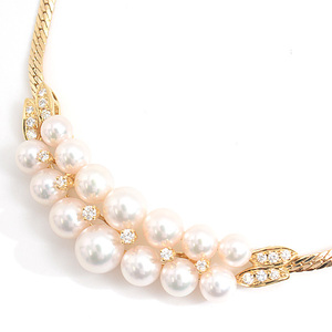 ミキモト ネックレス レディース 14P パール ダイヤモンド ネックレス 5.2mm～7.8mm珠 イエローゴールド MIKIMOTO K18 中古