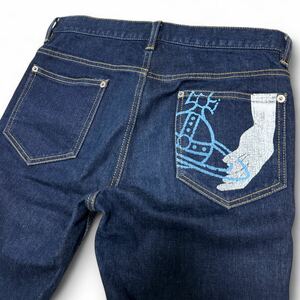 【美品】 Vivienne Westwood MAN ヴィヴィアンウエストウッド デニム ジーンズ パンツ オーブロゴ ペイント 濃紺 ネイビー 44サイズ