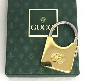 T237 美品 GUCCI グッチ GGロゴ 南京錠 キーホルダー キーリング チャーム ゴールド