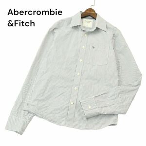 Abercrombie&Fitch アバクロンビー＆フィッチ 通年 トナカイ刺繍★ 長袖 ストライプ シャツ Sz.L　メンズ 白 × グレー　A4T04024_4#C