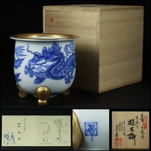 《UAK》伝統工芸士 一級技能士 陶房 義窯（速見義徳）作 / 平戸 三川内焼 染錦 青龍図 手造り 植木鉢 共箱 栞付き [T42G222]