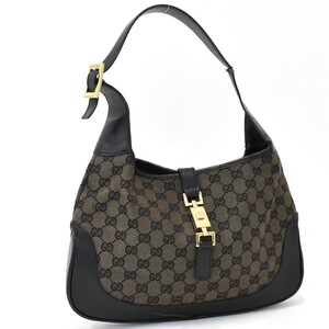 1円 ◆GUCCI グッチ ワンショルダーバッグ 001・3306 ジャッキー GGキャンバス レザー ブラック ブラウン◆K.Csig.zE-09