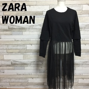 【人気】ZARA WOMAN/ザラ ウーマン トレーナー切替シフォンワンピース ブラック サイズS/6361