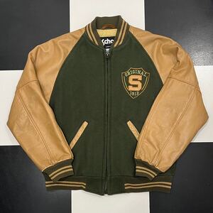 【498】 80s アメリカ 製 SCHOTT ウール レザー スタジャン 38 M ショット USA leather キルティング ロゴ wool グリーン ジャケット