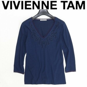 ◆VIVIENNE TAM ヴィヴィアンタム ビーズ装飾 パワーネット使い 七分袖 トップス カットソー 紺 ネイビー 0