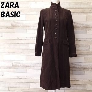 【人気】ZARA BASIC/ザラ ベーシック スペイン製肩パッド入りフリル襟袖コーデュロイコート ブラウン サイズL レディース/5455