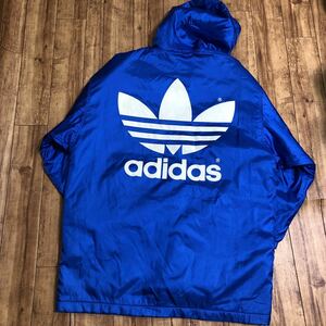 adidas アディダス ベンチコート ビッグロゴ バック Lサイズ (94-5) ブルー 裏ボア ナイロンコート ヴィンテージ 83〜90年代 デサント