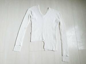 美品 HELMUT LANG ヘルムートラング OFFSHOULD LS PAPER RIBS ニット セーター 変形 ミックス素材 プルオーバー 長袖リブ S 白ホワイト△9