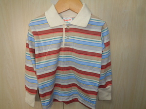 b946◆70s USA製 Health-tex キッズ マルチボーダー 長袖ポロシャツ◆ヘルステックス size4T 子供服 ライトベージュ系 ゆうパケット発送5C