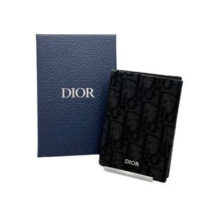 【美品】クリスチャンディオール Christian Dior オブリーク ジャガード キャンバス レザー 二つ折りカートケース カードホルダー ブラック