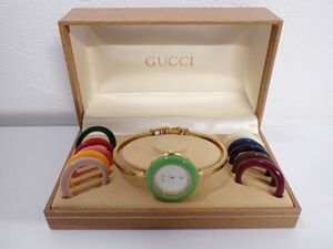 K464/6B◆GUCCI グッチ チェンジベゼル ホワイト文字盤 GP ゴールドメッキ レディース QZ クォーツ 腕時計 11色 中古品◆