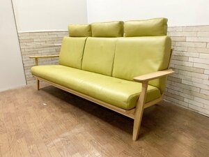 展示品 karimoku カリモク 3人掛けソファ WU6123E352 ライトグリーン レザー 木製 家具 椅子 腰掛 ソファ 参考定価55万円 （貝793）