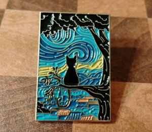 黒猫ゴッホ星月夜①　ピンバッジ　絵画　猫　画家　アート　美術館