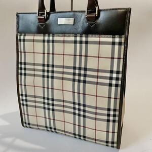 美品Burberry バーバリー ハンド トートバッグ A4 PC 大容量 ロゴプレート ビジネス ノバチェック レザー かばん ブラウン ベージュ