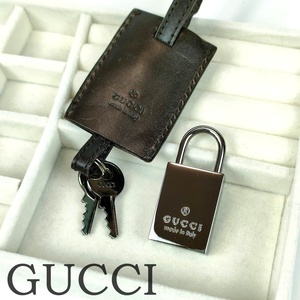 希少 GUCCI グッチ 南京錠 カデナ パドロック シルバー ガンメタ レザークロシェット付 アクセサリー ペンダント ネックレス チョーカー 鍵