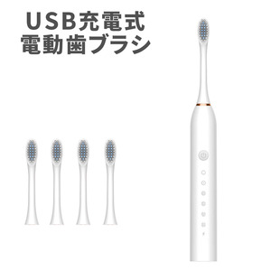 電動歯ブラシ ホワイト USB充電 6モード切替 替えブラシ4本付き 高速振動 静音 防水 IPX7 90日保証[M便 1/2]