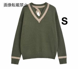 vintage ヴィンテージ レトロ バックオープン ライン Vネック ニット セーター トップス Sサイズ レディース★ZARA 好きな方に★春新作新品