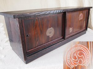 昭和レトロ 木製 引戸付置床85ｃｍ 家紋 三つ巴 和箪笥 収納 茶道 華道 飾り台