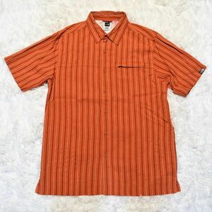 ⑥★ノースフェイス★NORTH FACE お洒落なオレンジ色のストライプ ジップ１ポケット、柔らかく、ソフトな 感触良いMODAL麻の半袖シャツ　M