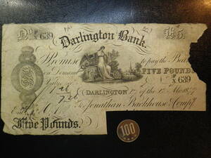 レア！ イギリス Darlington Bank 1879年 5Pounds 劣品+ 手書きシリアル