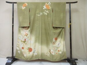 1円 良品 正絹 着物 訪問着 錦紗縮緬 紅絹 式典 和装 緑 梅 牡丹 枝垂れ花 袷 身丈149cm 裄61cm ◆逸品◆【夢職】★★★★