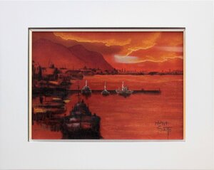 斉藤邦彦 パステル画『夕焼けの港』 絵画 - 北海道画廊