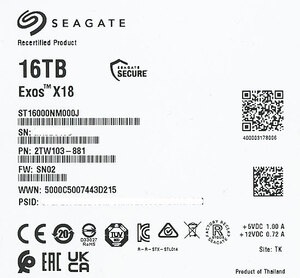 【中古】SEAGATE製HDD ST16000NM000J 16TB SATA600 7200 0～100時間以内 [管理:1050024823]