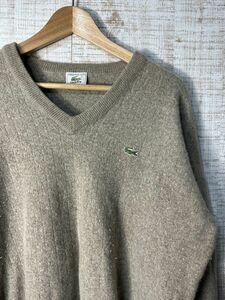 ☆US古着 LACOSTE ラコステ Vネック セーター ニット ワニロゴ 刺繍 ベージュ茶系【Lくらい】ウールレーヨン　◆4154◆