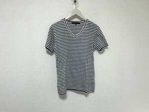 美品本物デザインワークスDESIGNWORKSコットンVネックボーダー柄半袖Tシャツメンズサーフアメカジ白ホワイトブラックS日本製