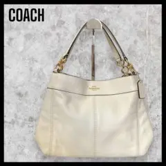 COACH コーチ☆レザー ハンドバッグ ホワイト チャーム付き ゴールドロゴ