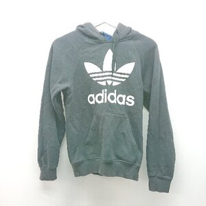 ◇ adidas アディダス フード 裏起毛 プリント ブランドロゴ ストレッチ 長袖 パーカー サイズXS ブラック レディース E