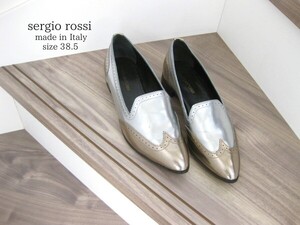 送料込☆sergio rossiセルジオロッシ☆ローファー☆レザー☆38.5(25cm)☆SILVER×GOLD☆ポインテッド☆Wチップ☆革靴☆イタリア製☆即決☆