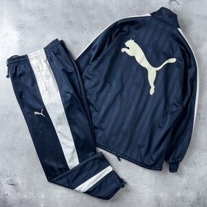 日本製 PUMA プーマ ジャージ ジャケット & パンツ 上下 セットアップ メンズ L-O (L〜XL) ネイビー シャドーストライプ 貴重 廃盤 人気