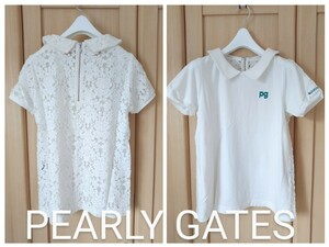 PEARLY GATES レディース0 パーリーゲイツ 半袖 ゴルフ 襟付Tシャツ バック総レース カットソー ブランドロゴマーク刺繍 S相当 ホワイト 