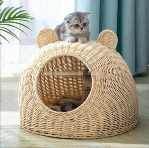 籐編み猫小屋四季通用半閉鎖式ペット小屋大猫床別荘夏猫冷窩冷却用品（50*50）は20斤以上の猫に適している